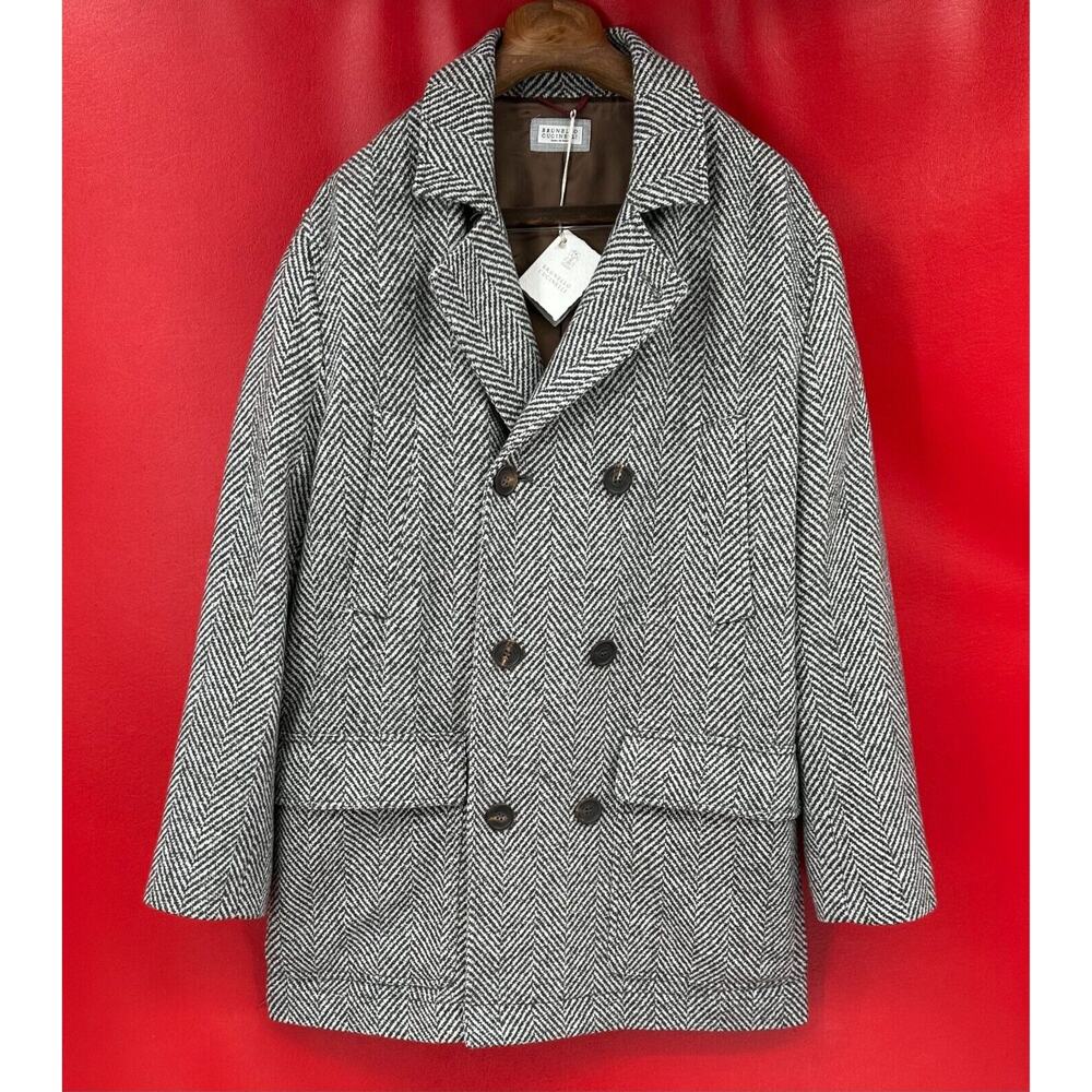 Brunello Cucinelli Cashmere Silk Gray Herringbone Mens Peacoat US 40 IT 50 NWT